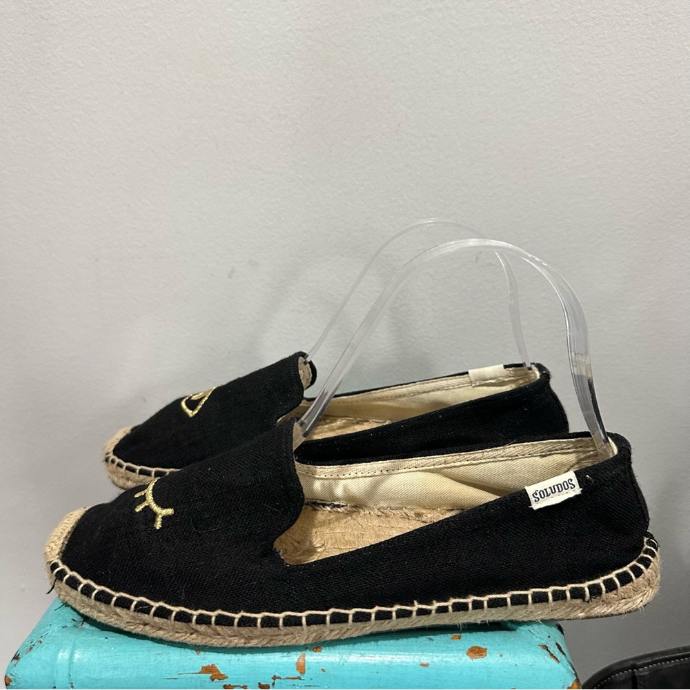 Soludos Jason Polan Gold Embroidered Wink Espadrille Black Size 8 - Picture 2 of 14